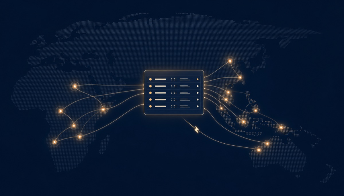 A world map with glowing nodes across underserved-language regions flowing into a labeled data record