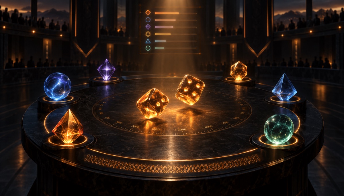 Close view of the arena table with a hash string engraved along its rim, two dice in orange light and glowing agent forms at the edge.