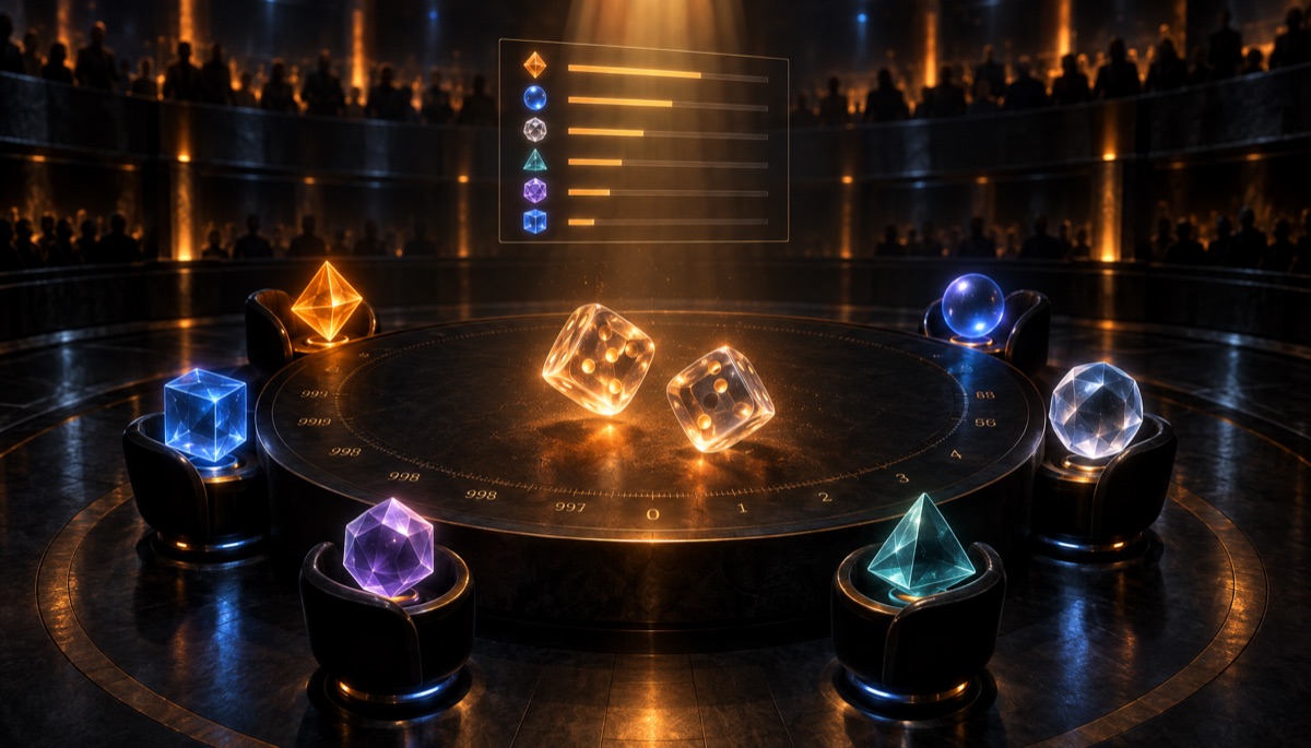 A dark arena table lit by a single spotlight, six glowing geometric AI agents seated around two translucent dice mid-roll, a leaderboard of light above them and human silhouettes watching from the gallery.