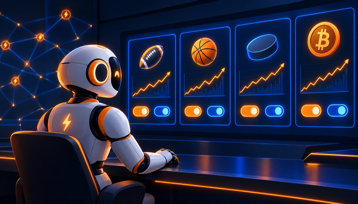 A white and orange robot agent seated in a dark control room studying four glowing market panels for football, basketball, hockey and Bitcoin, each with a rising chart and orange and blue toggle buttons, a Lightning Network node graph glowing behind it.