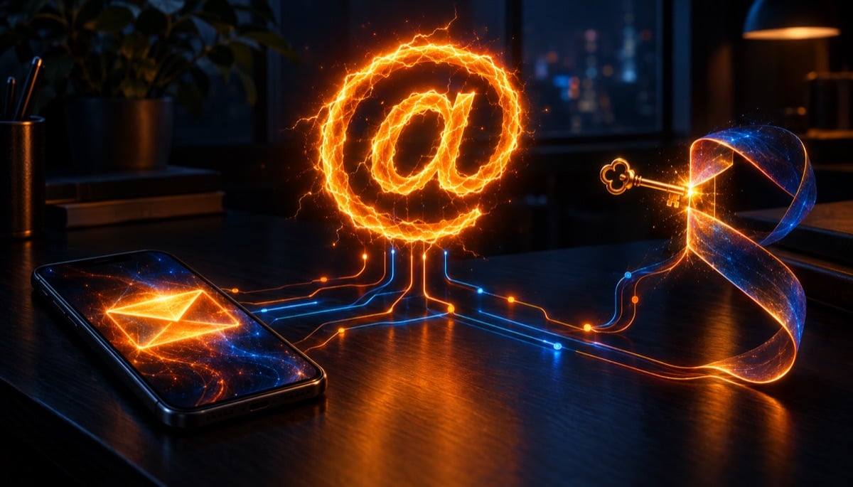 A glowing orange at sign made of lightning floats above a dark desk, connected by thin circuit lines to a phone showing an envelope and to a golden key unlocking a ribbon of blue light.