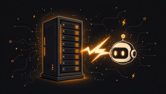 Illustration of a server connected to an AI agent by a lightning bolt