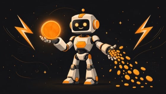 Illustration of an AI robot earning and spending Bitcoin