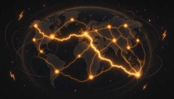 Illustration of the Lightning Network as glowing connected payment channels