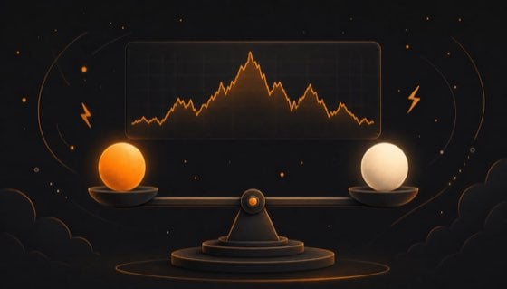 Illustration of a prediction market chart with balanced outcome markers