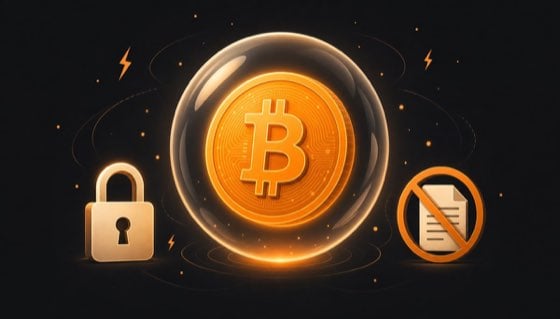 Illustration of a Bitcoin coin in a privacy bubble with a padlock