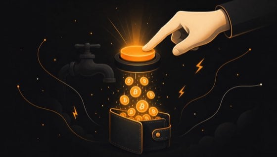 Illustration of claiming sats: a button press raining coins into a wallet