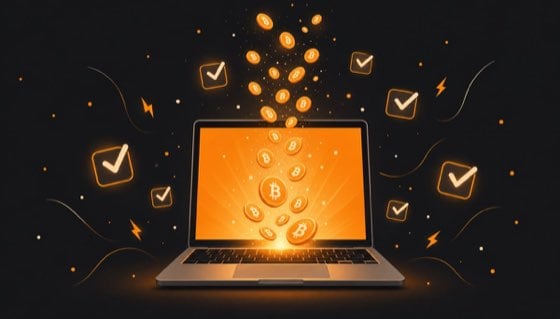 Illustration of a laptop generating a stream of Bitcoin earnings