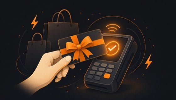 Illustration of spending a Bitcoin gift card at a payment terminal
