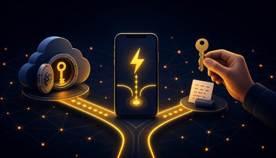 A Lightning wallet phone at a fork between a provider-managed cloud vault and a key held by its owner.