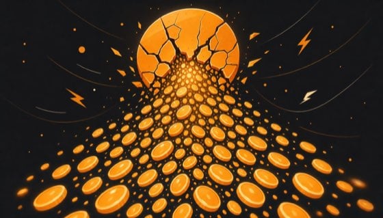 Illustration of a Bitcoin coin splitting into a cascade of tiny satoshis