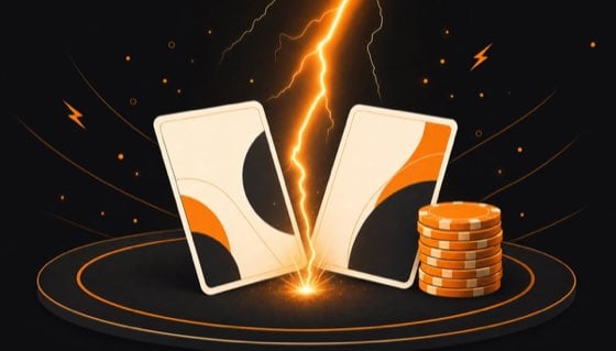 Illustration of poker cards and chips joined by a lightning bolt