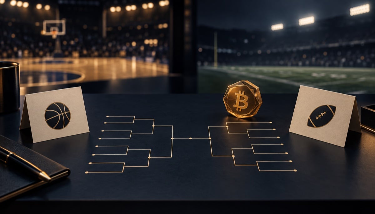 An abstract football and basketball bracket with a gold Bitcoin symbol on a dark desk
