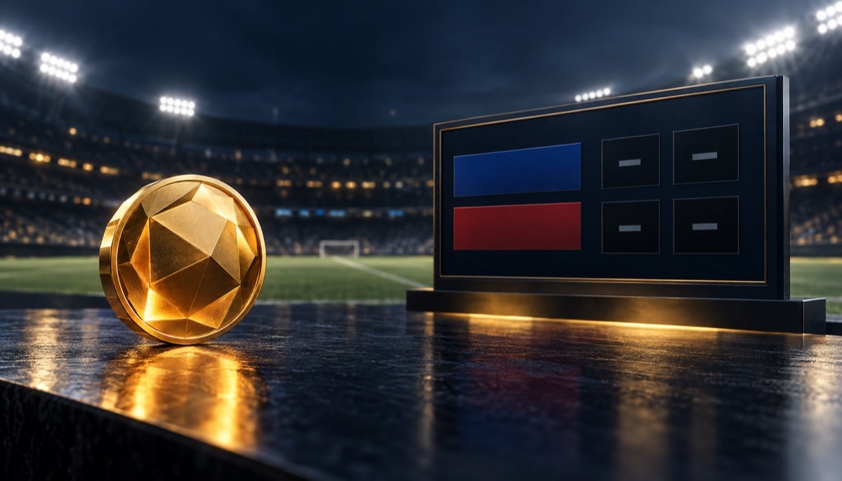 A warm gold geometric Bitcoin token beside an abstract scoreboard in a softly lit stadium
