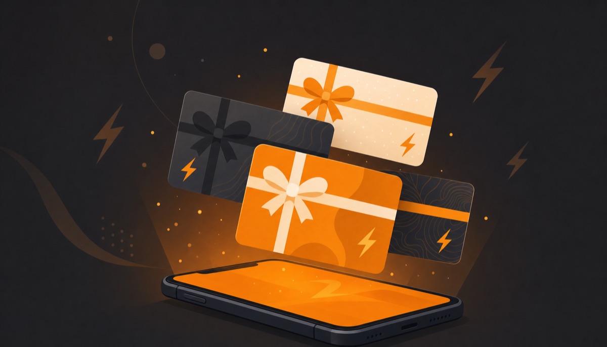 Digital gift cards with Bitcoin lightning motifs, representing buying Uber gift cards with Bitcoin
