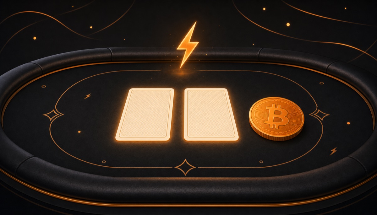 Illustration of a baccarat table with playing cards and a glowing Bitcoin coin