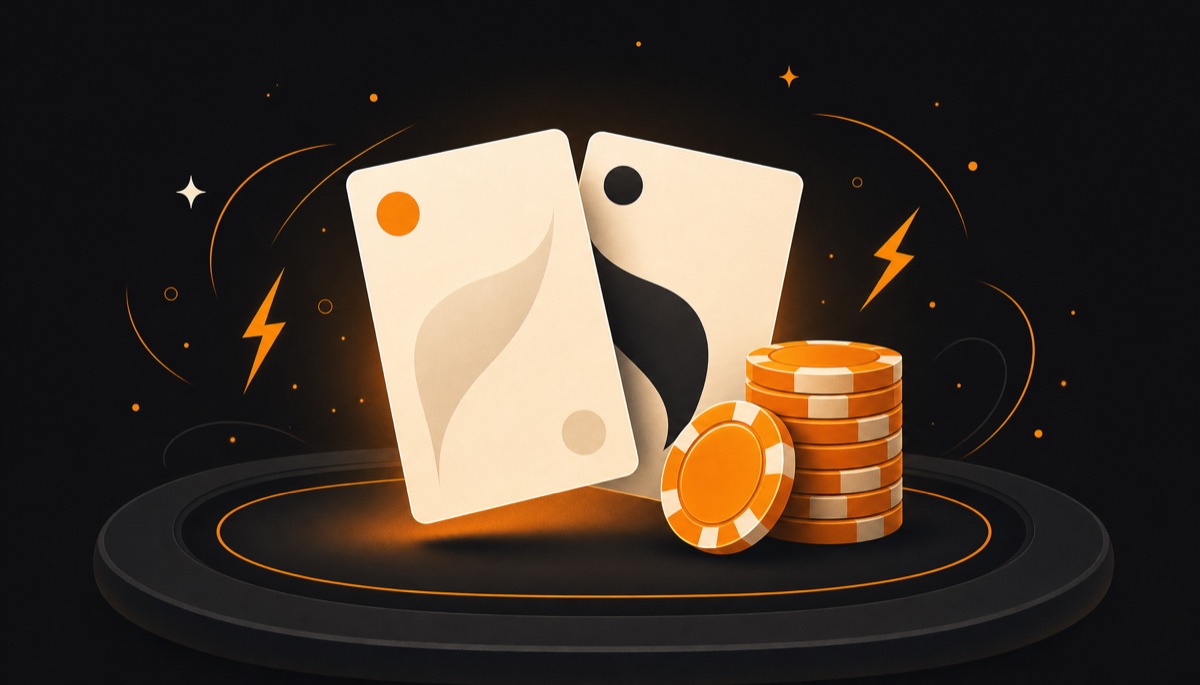 Illustration of blackjack cards and a stack of Bitcoin chips on a dark table