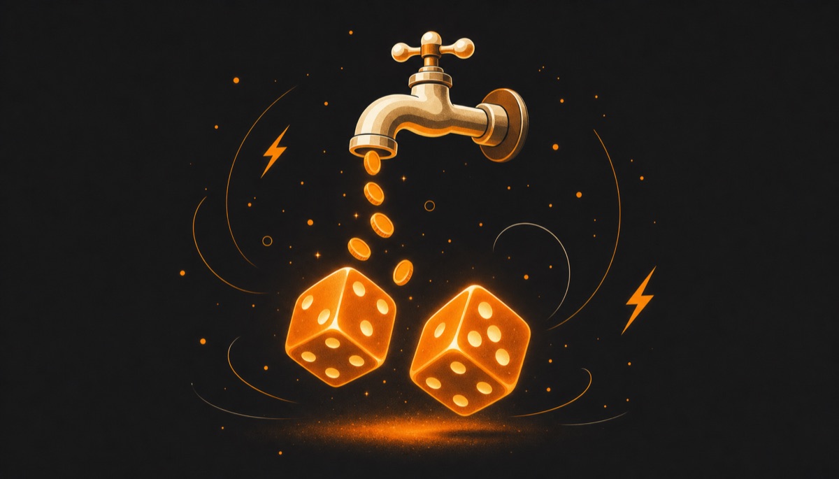 Illustration of dice tumbling under a faucet dripping Bitcoin sats