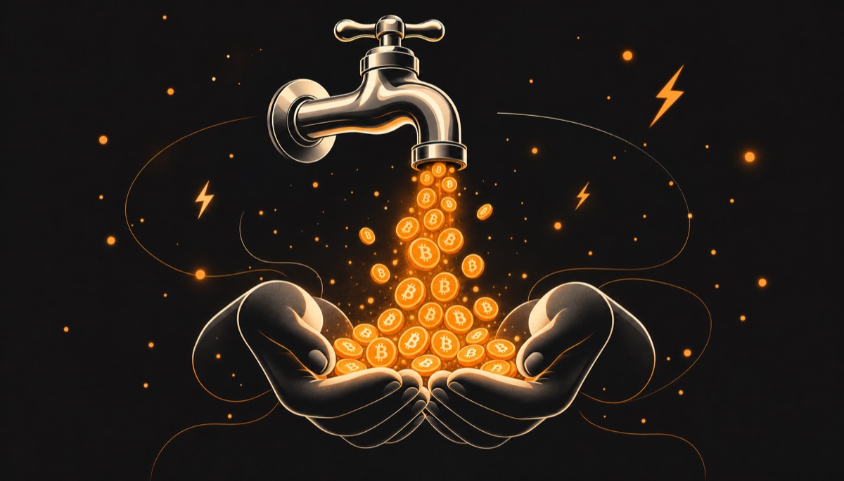 Illustration of a faucet pouring tiny Bitcoin coins into open hands