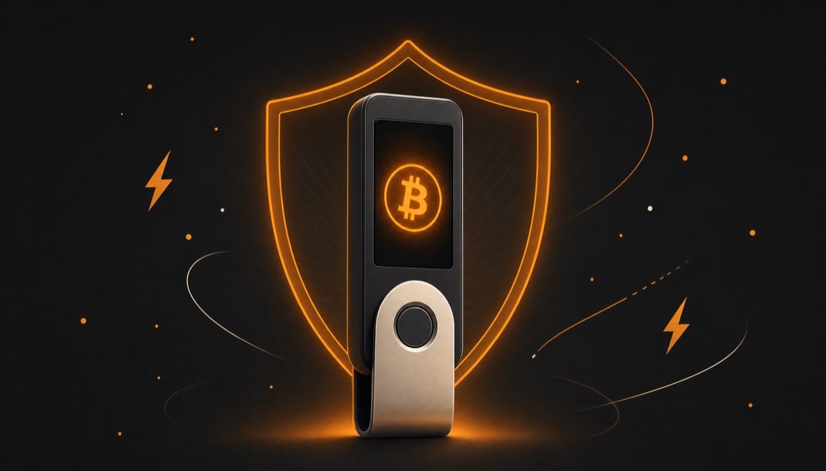 Illustration of a Bitcoin-only hardware wallet with a protective shield