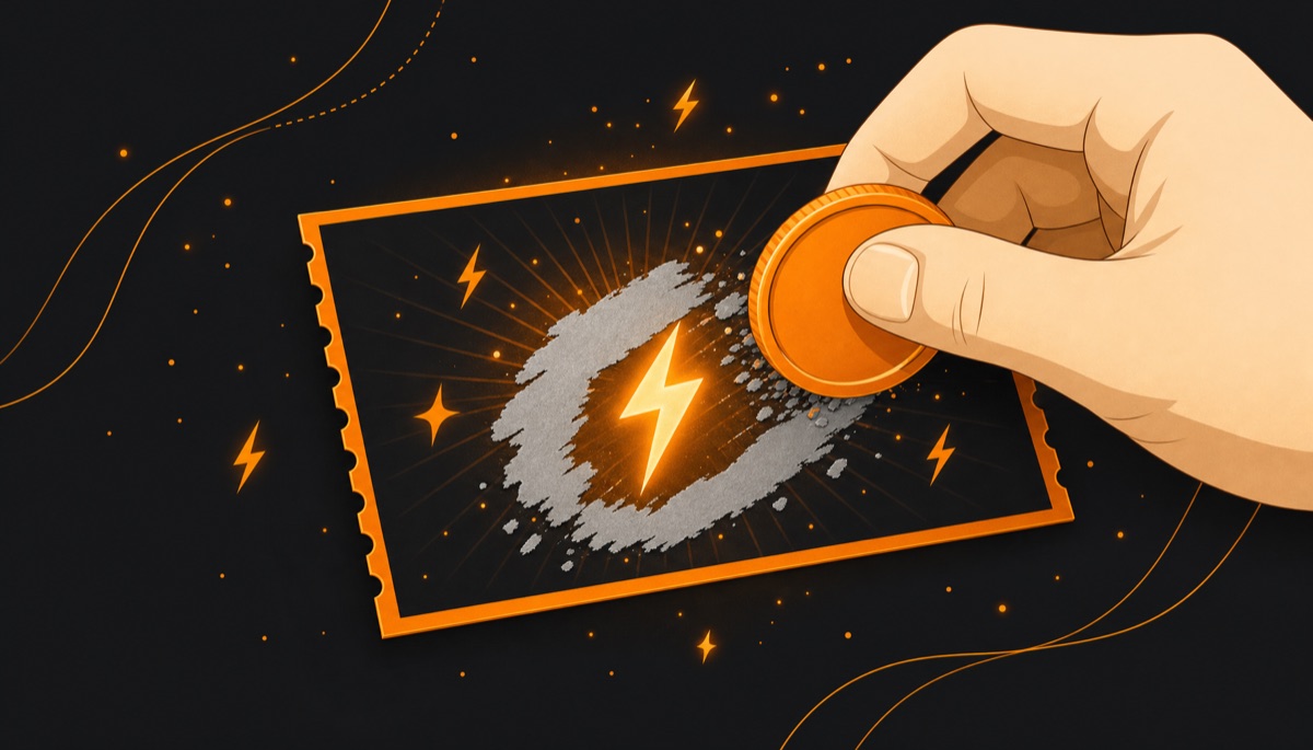 Illustration of a scratch card revealing a lightning bolt under the foil