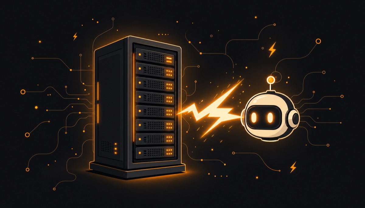 Illustration of a server connected to an AI agent by a lightning bolt