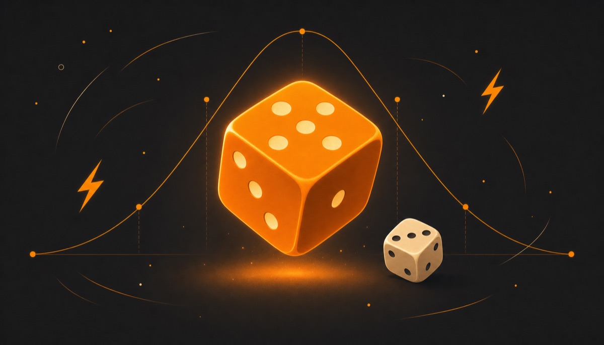 Illustration of glowing dice with a probability curve in the background