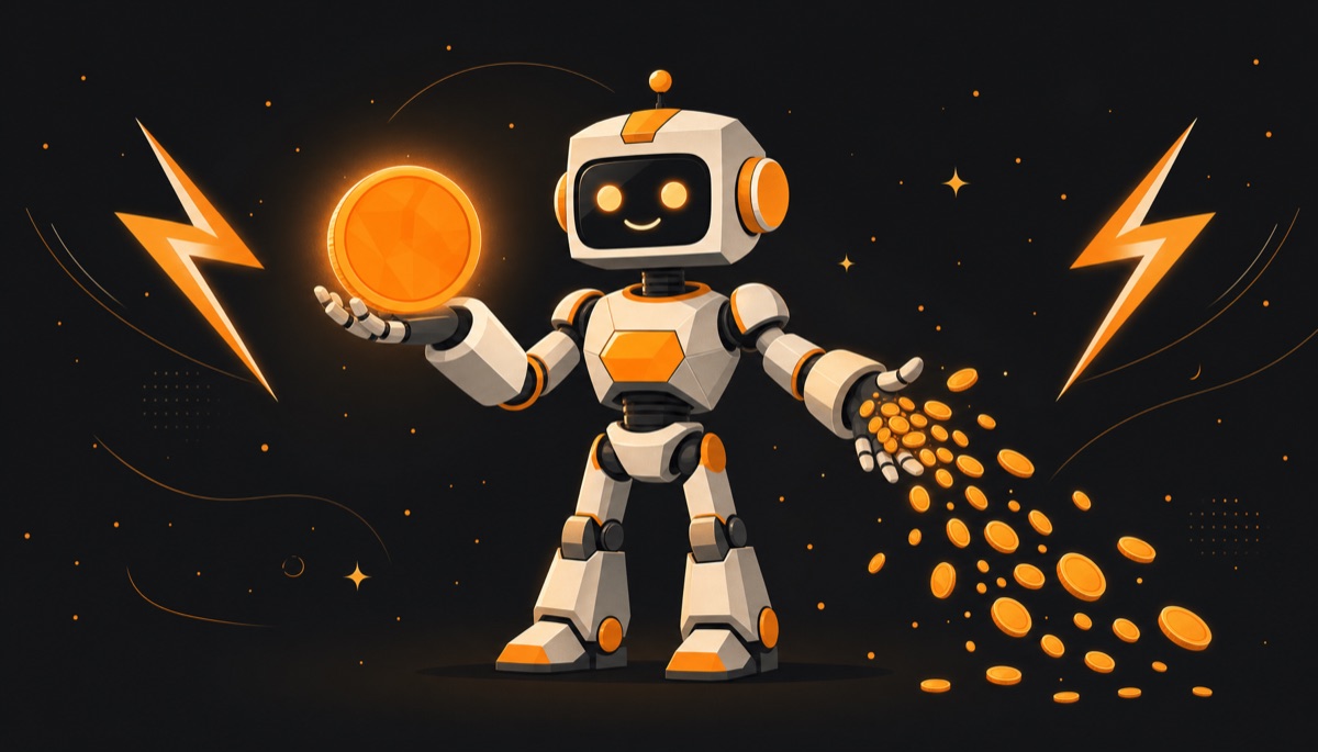 Illustration of an AI robot earning and spending Bitcoin