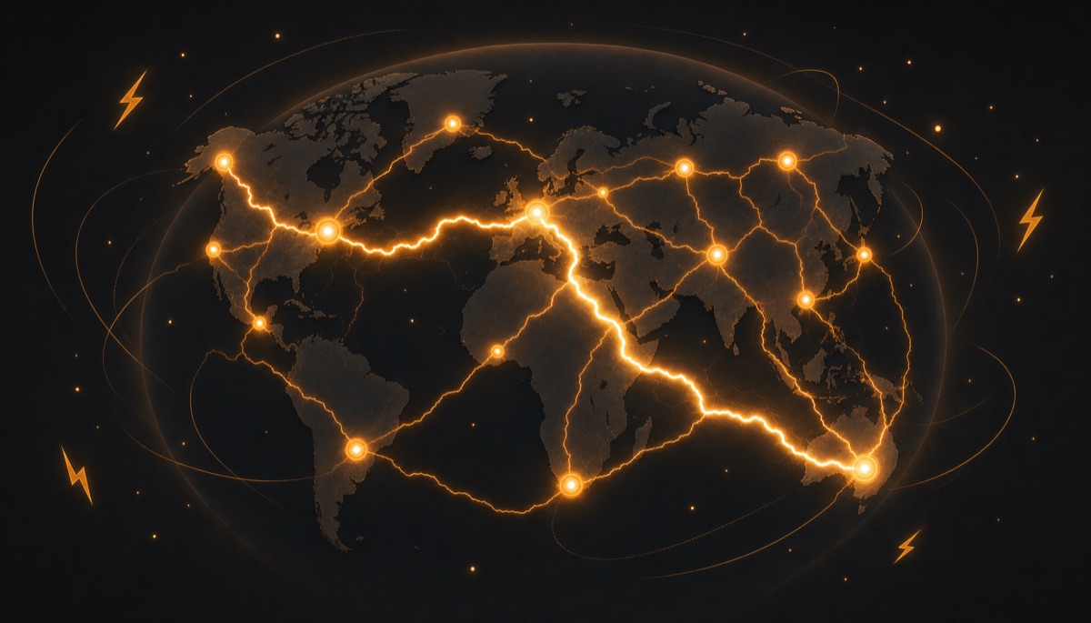 Illustration of the Lightning Network as glowing connected payment channels