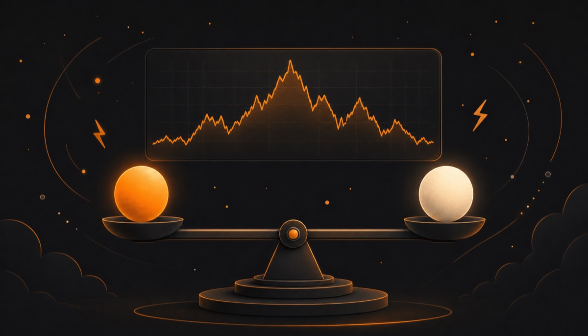 Illustration of a prediction market chart with balanced outcome markers