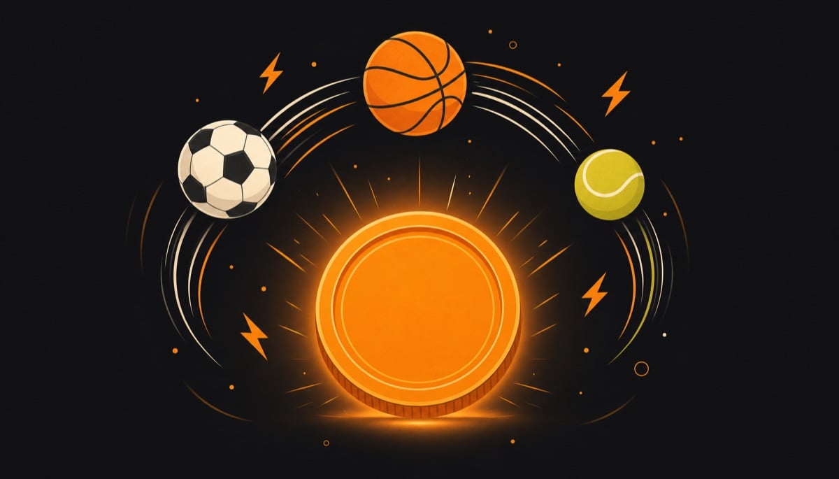 Illustration of sports balls arcing over a Bitcoin coin