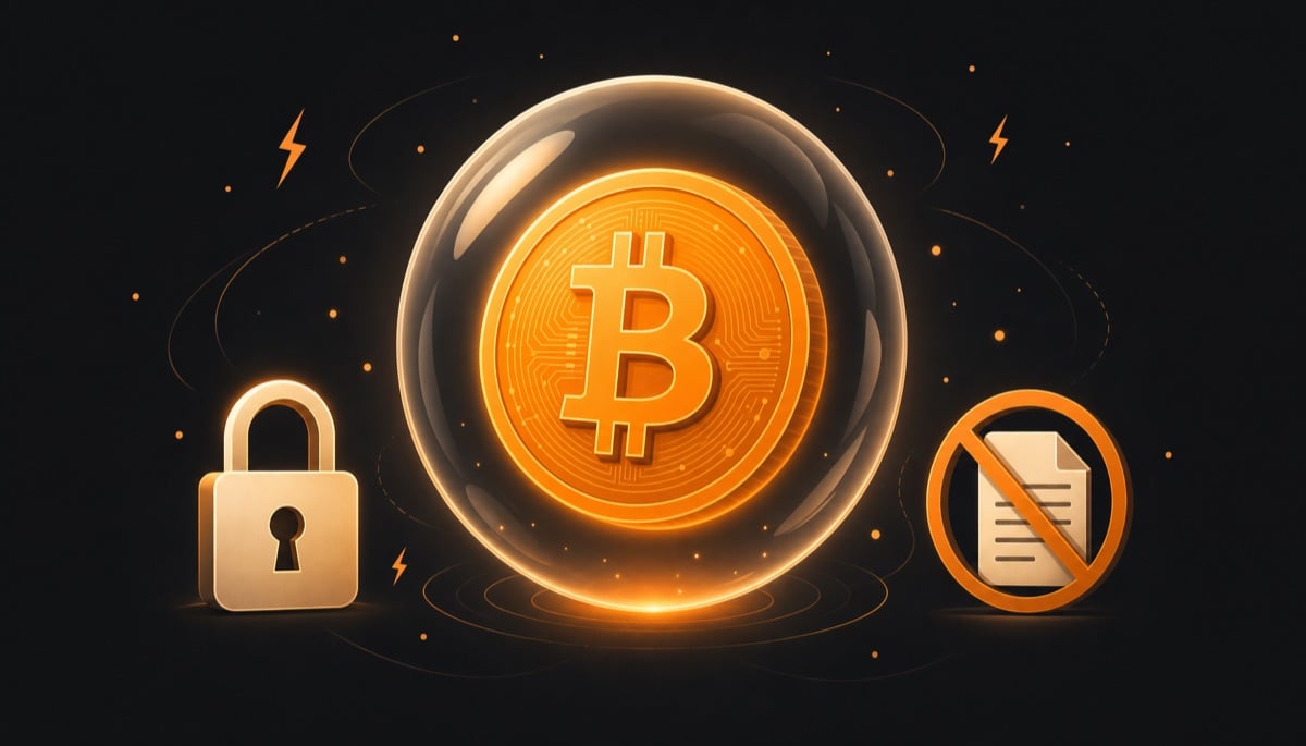 Illustration of a Bitcoin coin in a privacy bubble with a padlock