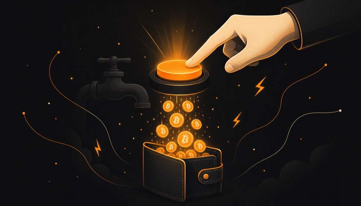 Illustration of claiming sats: a button press raining coins into a wallet