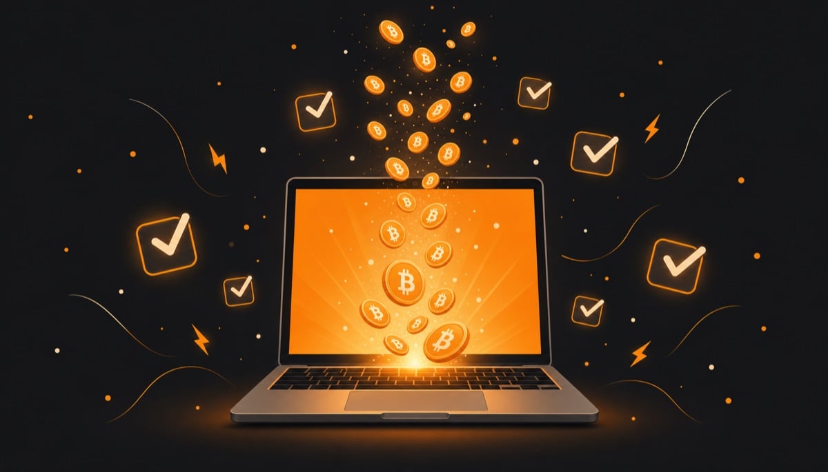 Illustration of a laptop generating a stream of Bitcoin earnings