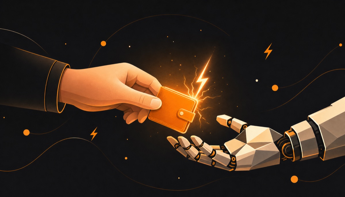 Illustration of handing a Bitcoin wallet to an AI agent