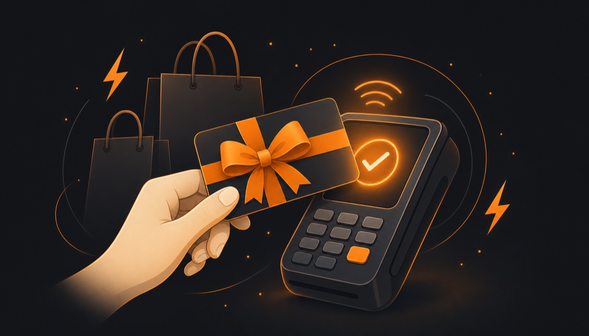 Illustration of spending a Bitcoin gift card at a payment terminal