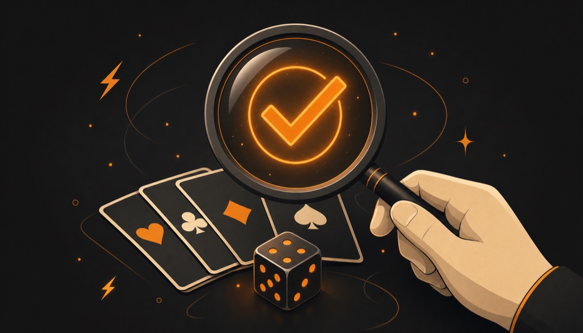 Illustration of a magnifying glass revealing a fairness checkmark over casino games