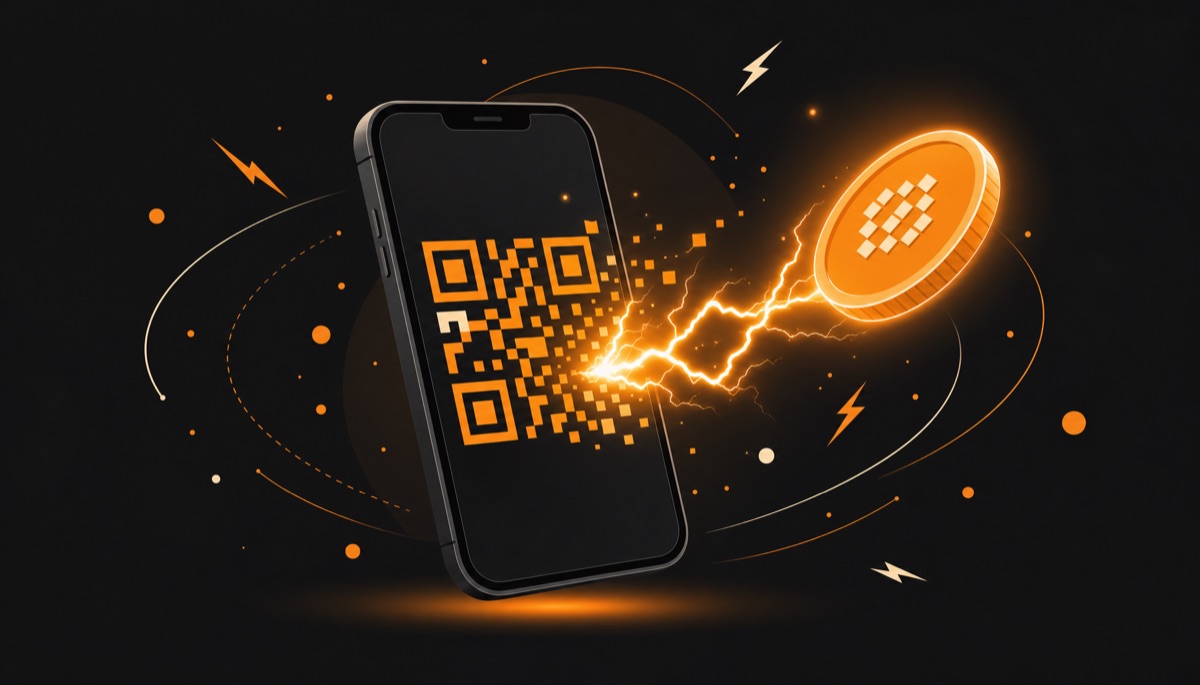Illustration of a Lightning withdrawal via QR code on a phone