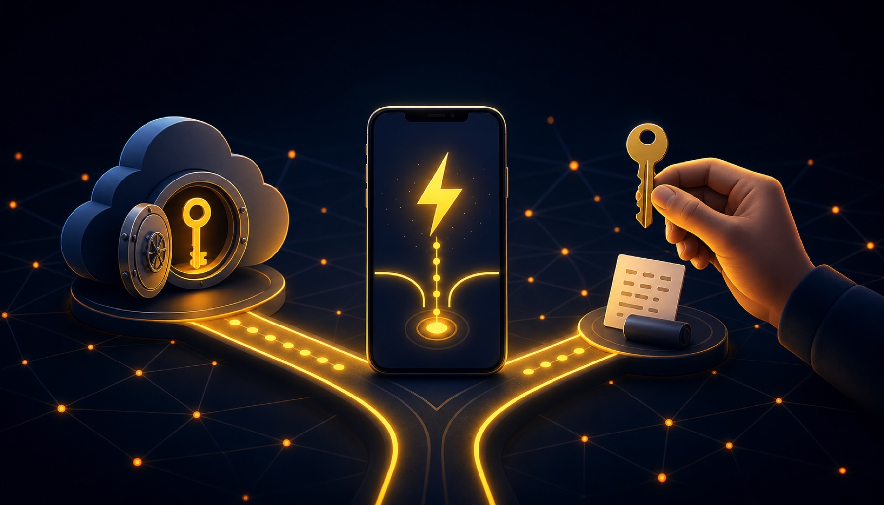 A Lightning wallet phone at a fork between a provider-managed cloud vault and a key held by its owner.