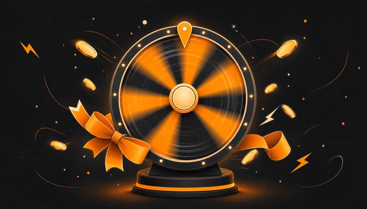 Illustration of a spinning prize wheel throwing off Bitcoin coins