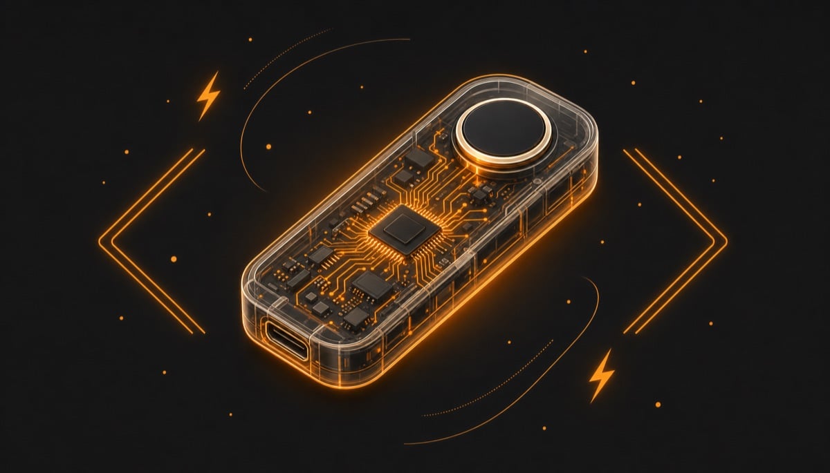 Illustration of a transparent open-source hardware wallet showing its circuitry