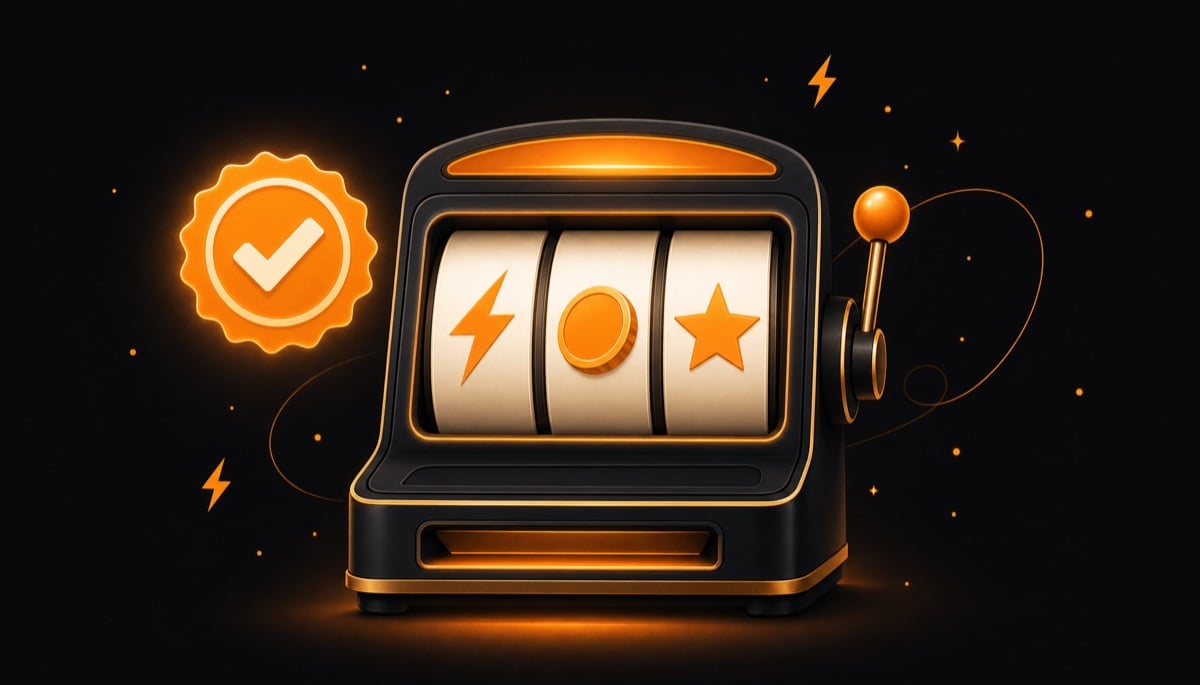 Illustration of a slot machine with a fairness verification seal