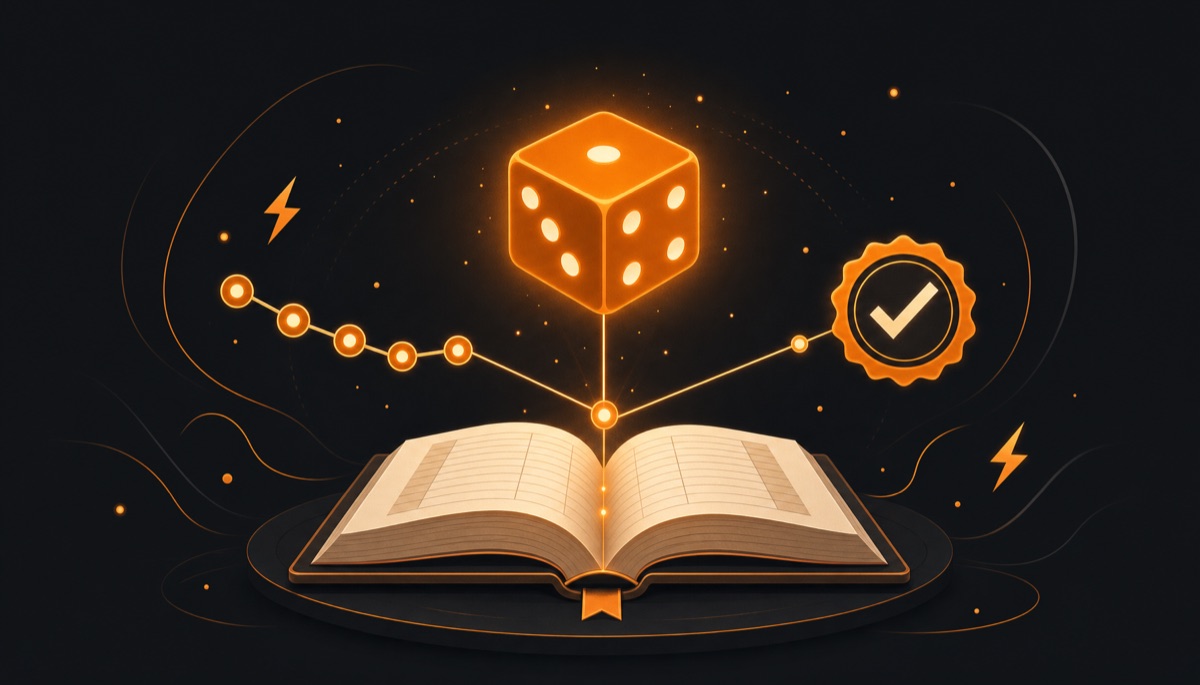 Illustration of dice results being verified against a cryptographic ledger