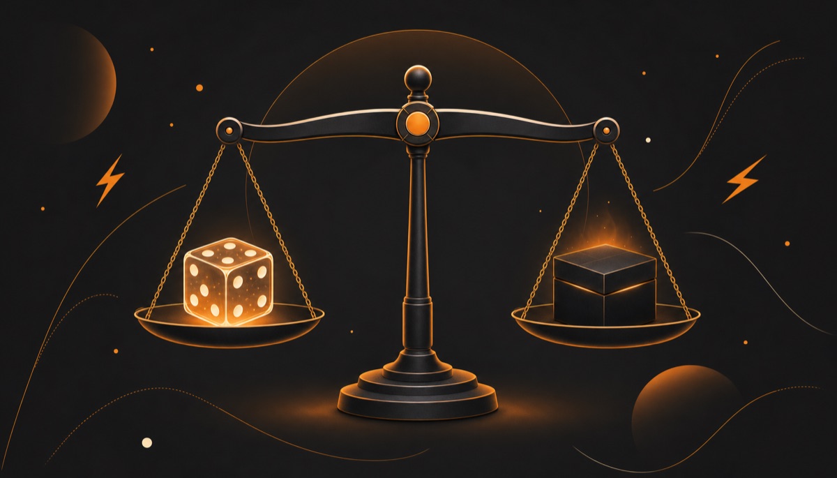 Illustration of a scale weighing a transparent die against a sealed black box