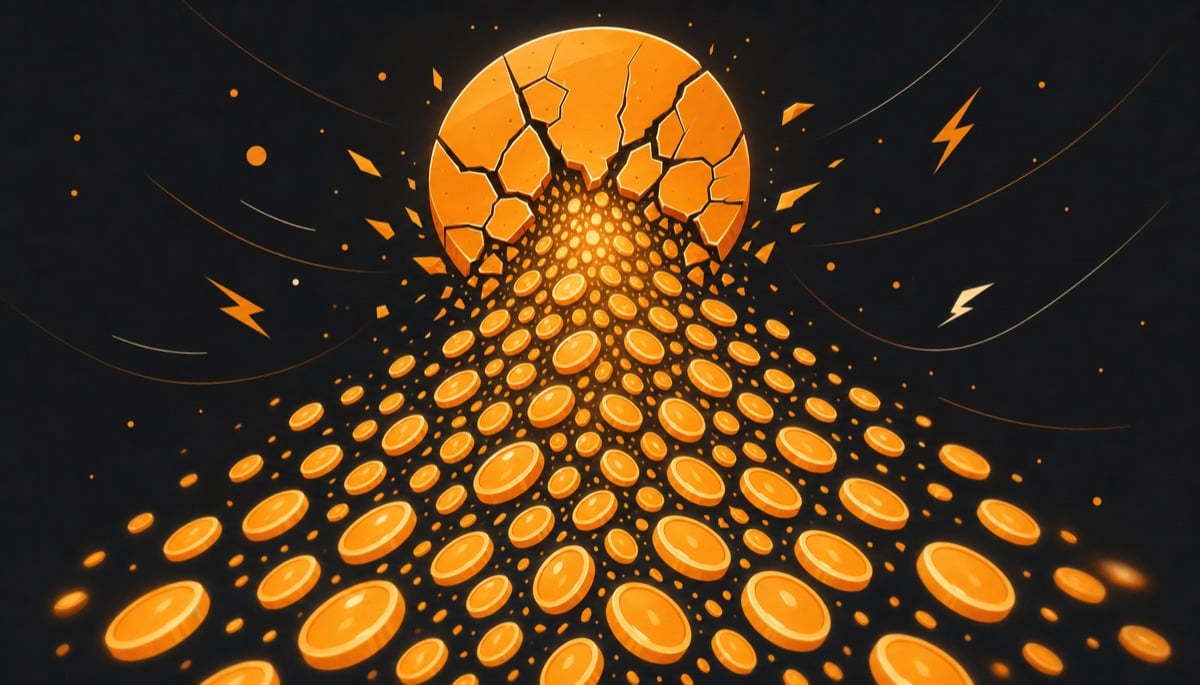 Illustration of a Bitcoin coin splitting into a cascade of tiny satoshis