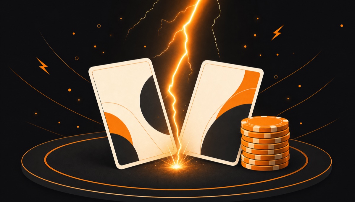 Illustration of poker cards and chips joined by a lightning bolt