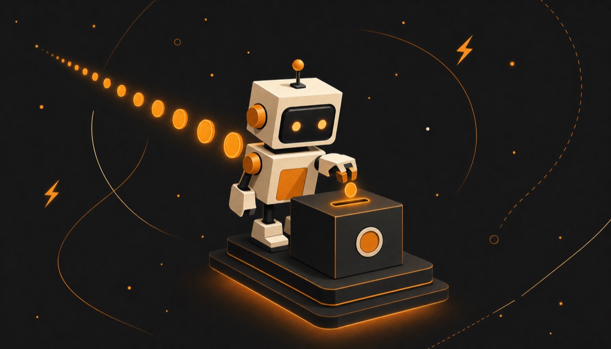 Illustration of an AI agent paying with a stream of tiny micropayments